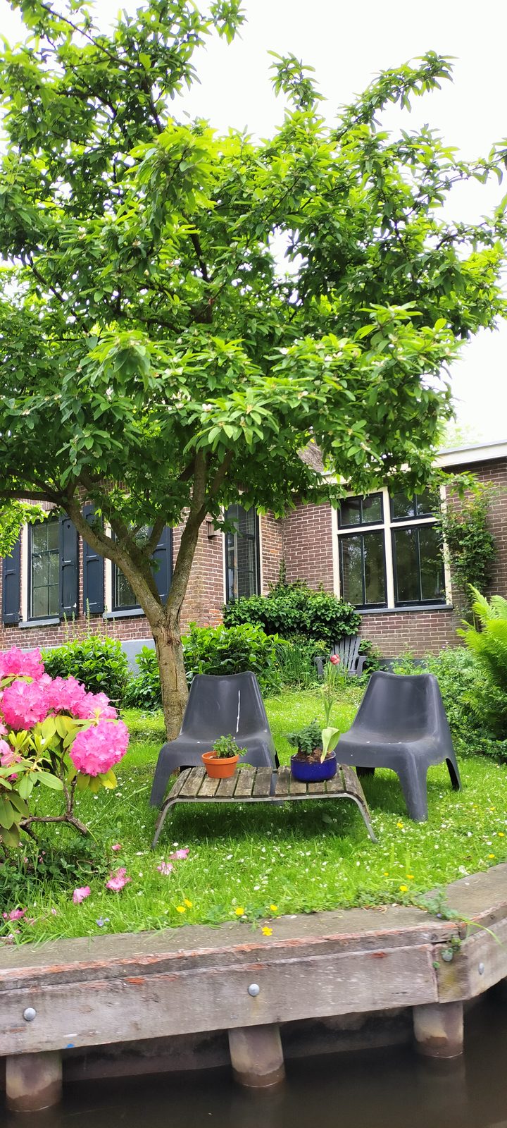 運河沿いの庭に置かれた椅子 Garden chairs by the canal, Giethoorn