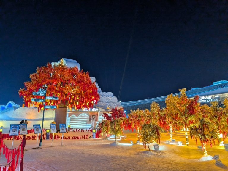 赤く灯る氷の並木 Ice sculptures and trees lit in red, Harbin
