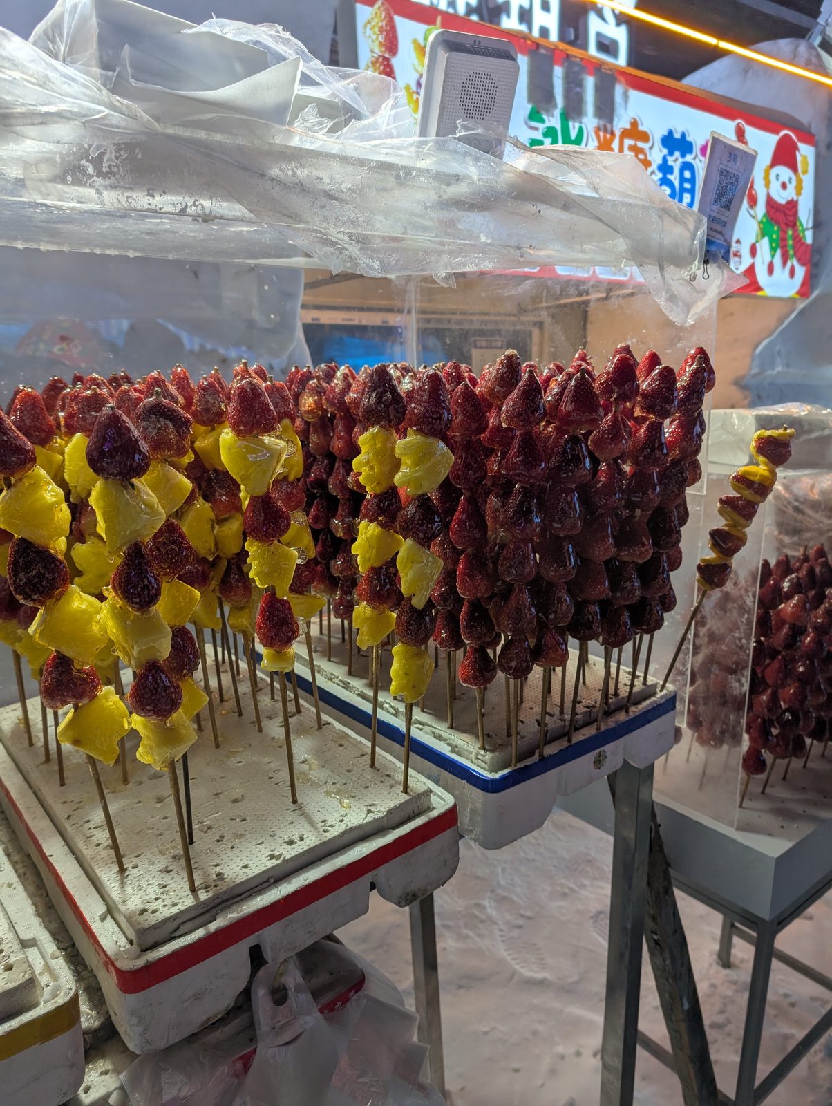 氷糖葫芦(タンフールー)の屋台 Frozen tanghulu candied fruit stand at Harbin ice festival