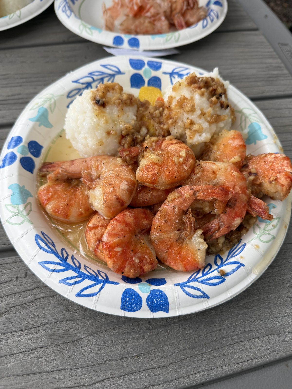 ノースショアのガーリックシュリンプ・プレート Garlic shrimp plate with rice, North Shore, Oahu