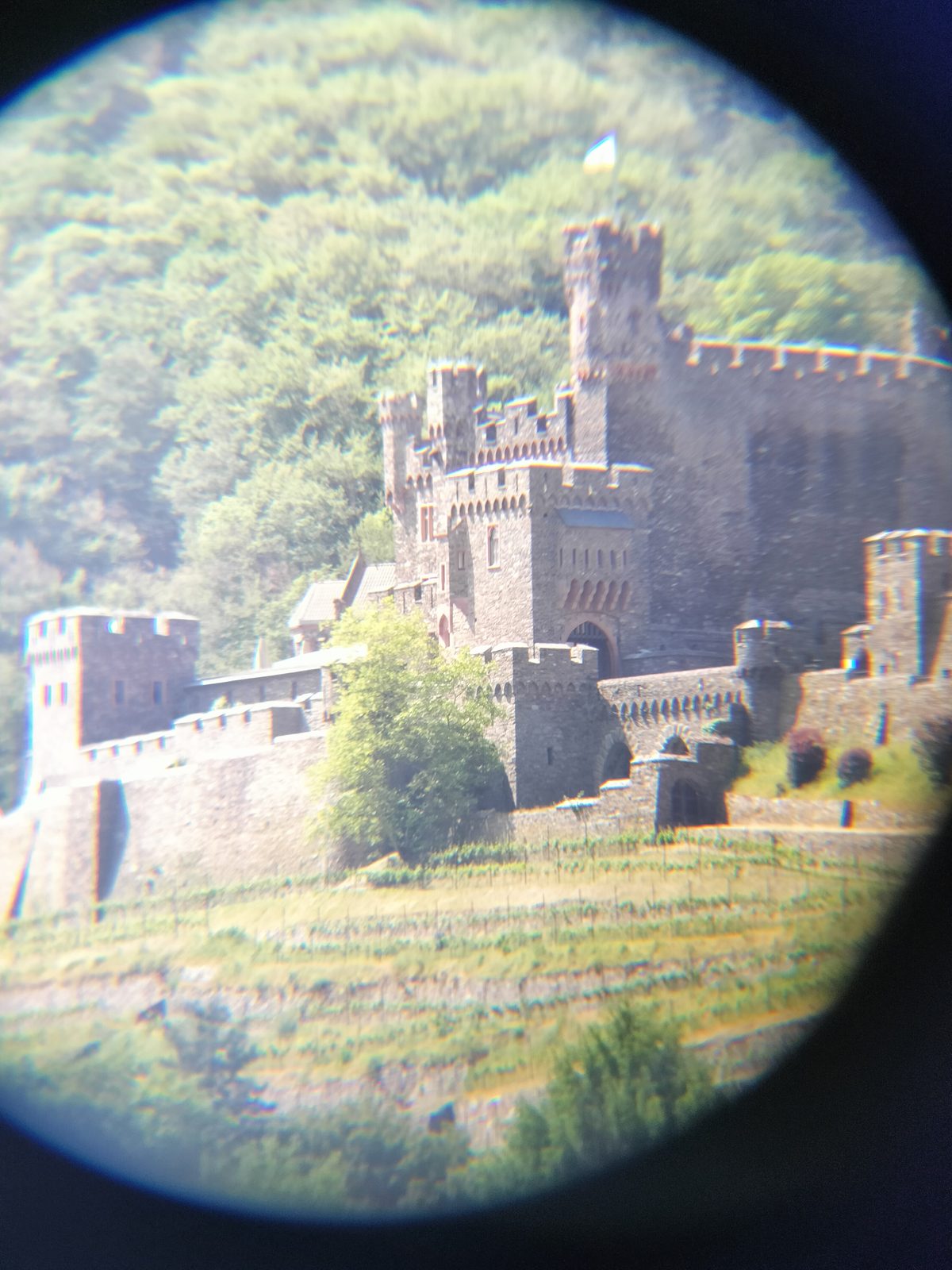 双眼鏡越しに見るラインシュタイン城 Rheinstein Castle seen through binoculars from the cruise