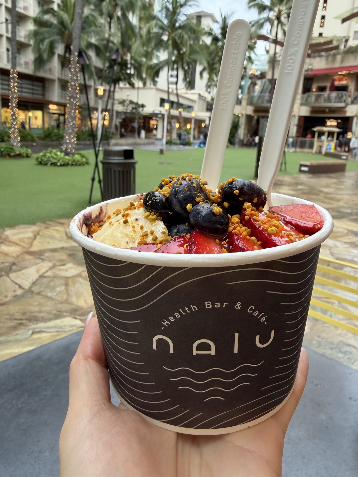 ワイキキのアサイーボウル Acai bowl at a Waikiki health cafe, Honolulu